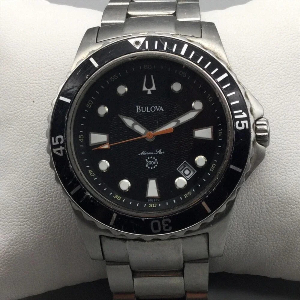Bulova Marine Star 98B131 Mens Watch 42mm Black Dial Stainless New Battery 8.5